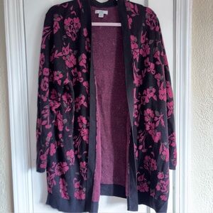 Women's Black and Magenta Floral Open-Front Cardigan Sweater